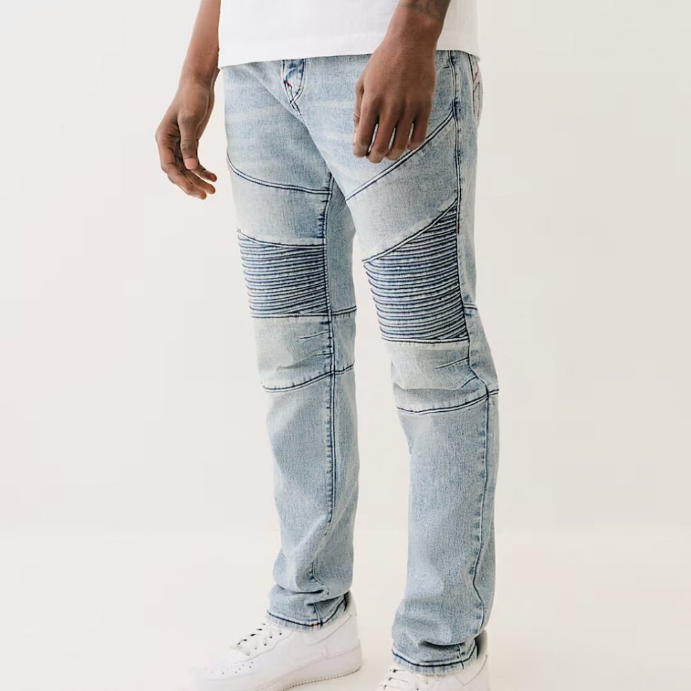 H&M Skinny Stretch Jeans Moto Biker Denim Acid Wash Button Fly Blue Mens Size 36